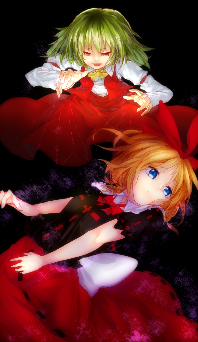 ascot, black_background, blonde_hair, blouse, blue_eyes, bow, darkness, dqn_(dqnww)