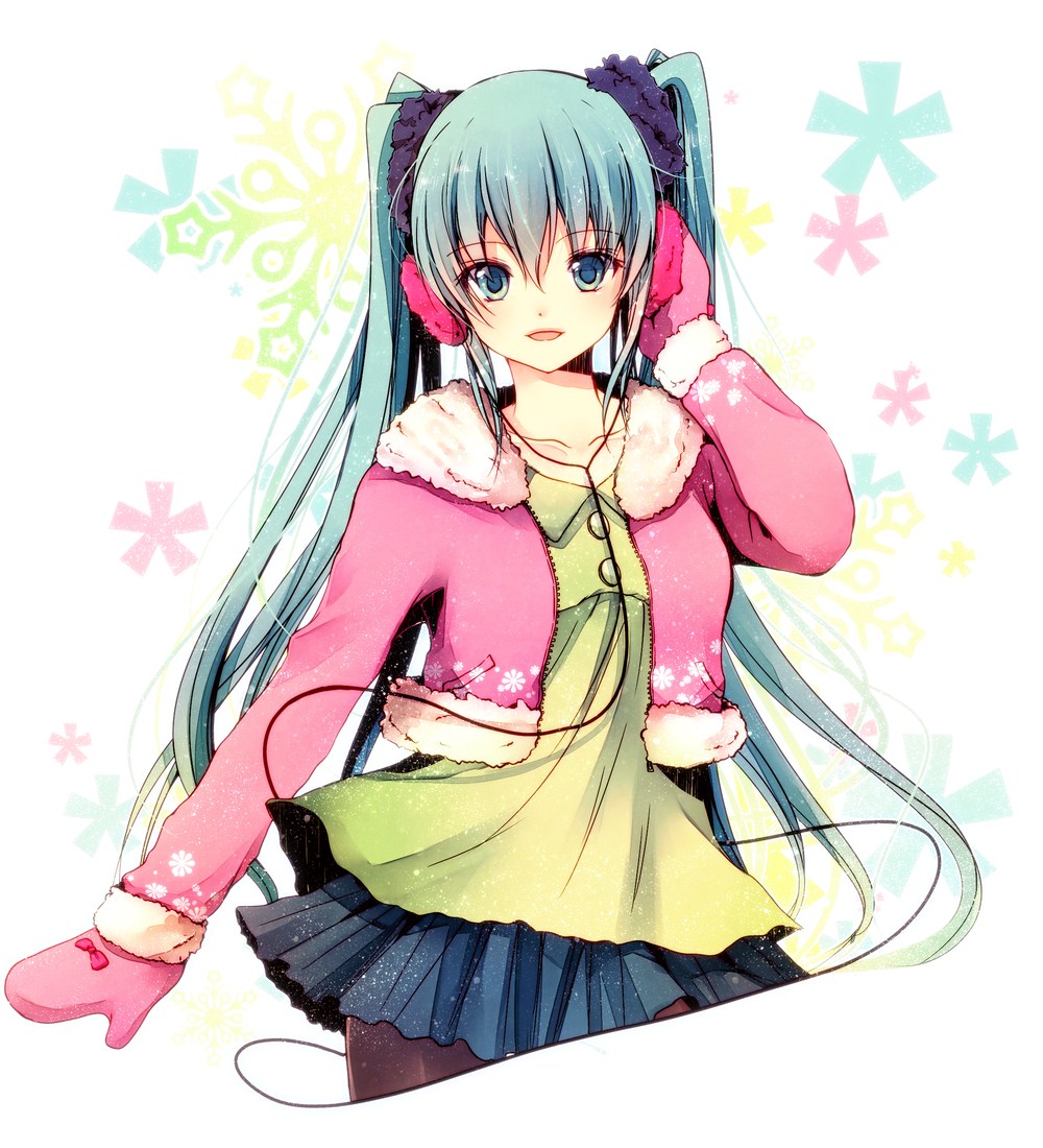 1girl, blue_eyes, blue_hair, earmuffs, fur_trim, hand_on_earmuffs, hand_on_headphones, hatsune_miku