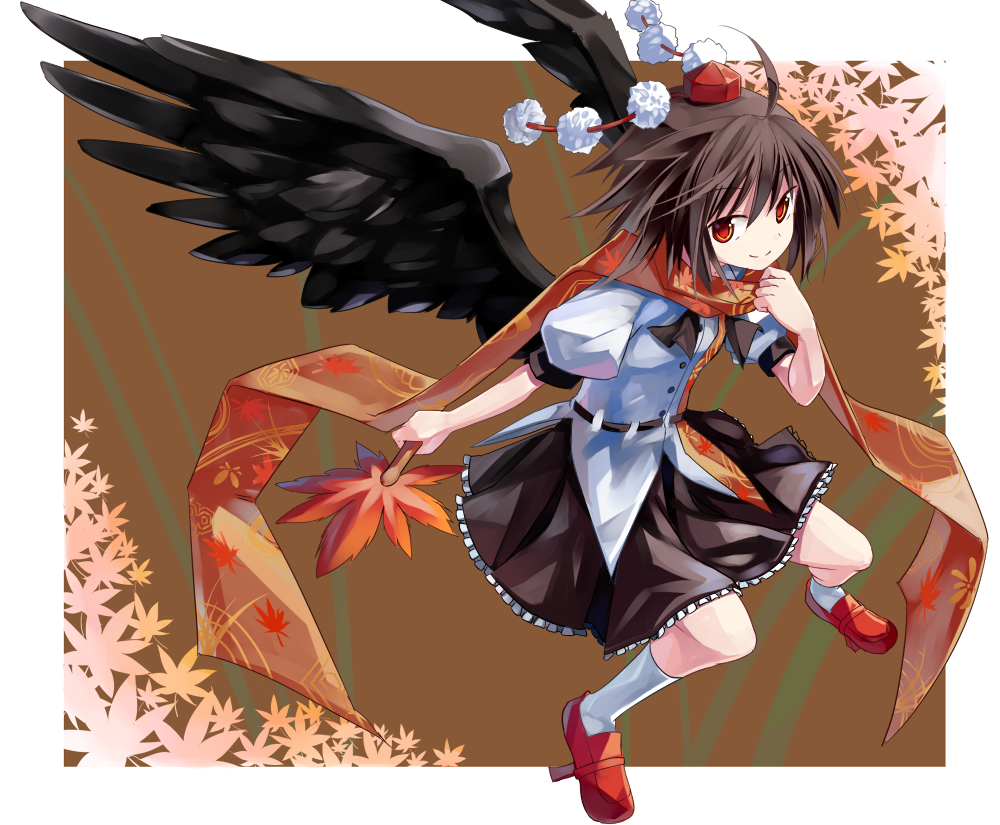 belt, black_hair, black_wings, fan, geta, hat, holding, kneehighs