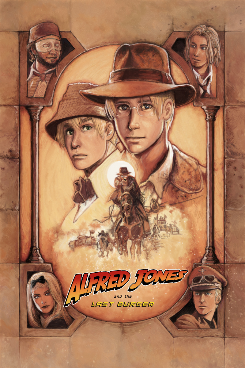 axis_powers_hetalia, belarus_(hetalia), blonde_hair, blue_eyes, crossover, english, fedora, france_(hetalia), germany_(hetalia), glasses, hat, highres, horse, indiana_jones, indiana_jones_and_the_last_crusade, lackofsleep, movie_poster, nazi, parody, piratelicker, poster, sepia, turkey_(hetalia), united_kingdom_(hetalia)
