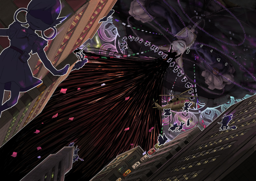 bow, building, charlotte_(madoka_magica), city, creature, dress, dutch_angle, flag