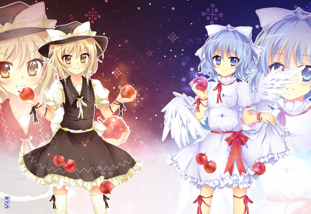 apple, blonde_hair, blue_eyes, blue_hair, bow, food, fruit, grin, hair_bow, hair_ornament, hat, kirame_kirai, mai_(touhou), multiple_girls, open_mouth, ribbon, short_hair, smile, thigh-highs, thighhighs, touhou, touhou_(pc-98), wings, witch, yellow_eyes, yuki_(touhou)