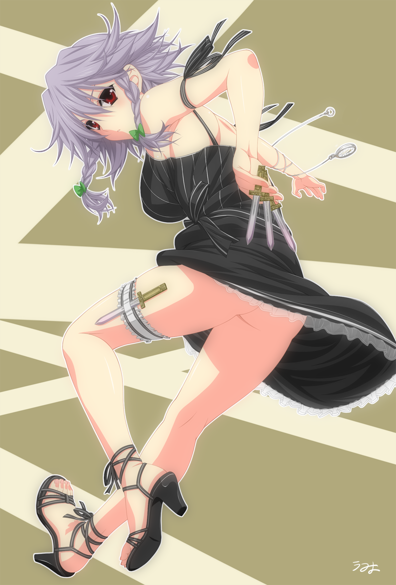alternate_costume, between_fingers, black_dress, braid, dress, high_heels, highres, izayoi_sakuya