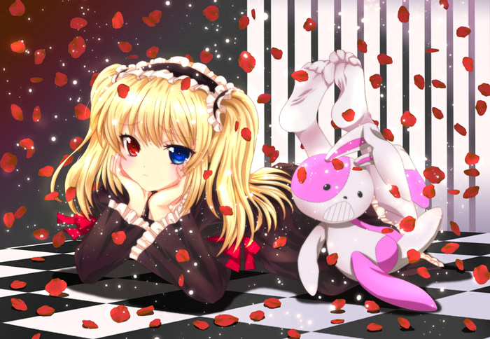 bad_id, blonde_hair, blue_eyes, blush, boku_wa_tomodachi_ga_sukunai, chin_rest, dress, gothic_lolita