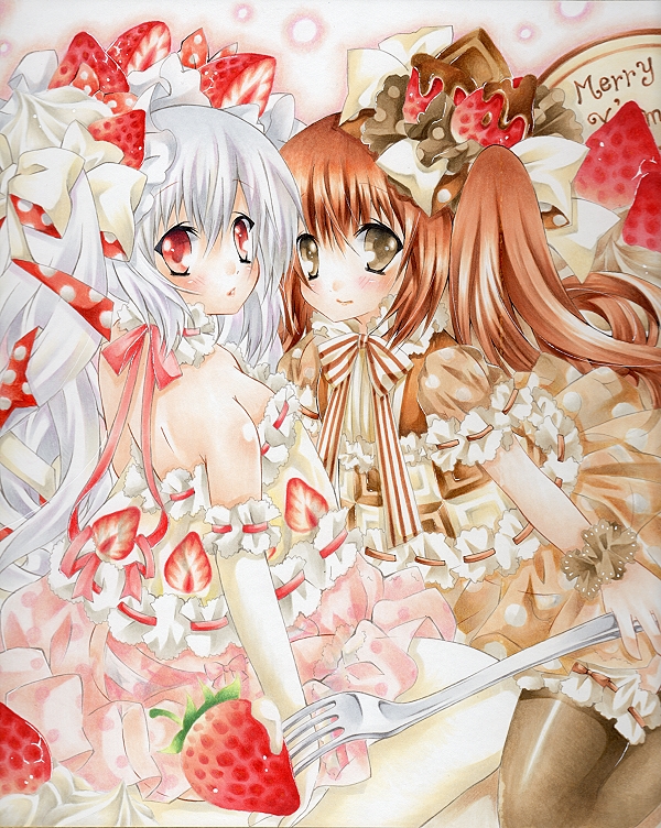 brown_hair, cake_dress, christmas, food, food_as_clothes, food_themed_clothes, fruit, kuroneko0202, long_hair, original, personification, red_eyes, strawberry, thigh-highs, thighhighs, white_hair