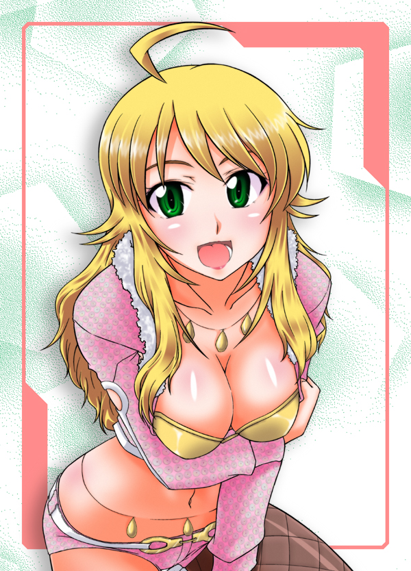 ahoge, belly_chain, blonde_hair, breasts, cleavage, cool_&amp;_sexy_(idolmaster), fishnet_pantyhose, fishnets