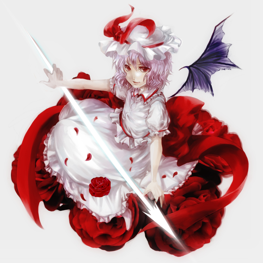 29, ascot, bat_wings, blue_hair, dress, flower, hat, highres