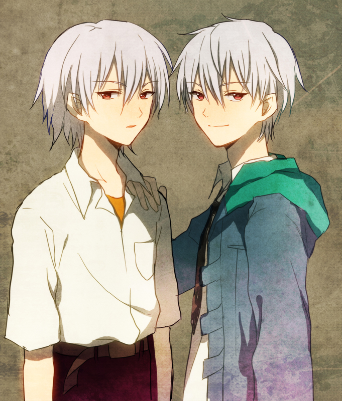 akise_aru, belt, black_pants, crossover, hand_on_shoulder, hasegawa_(yonbunnoichi), hoodie, ishida_akira