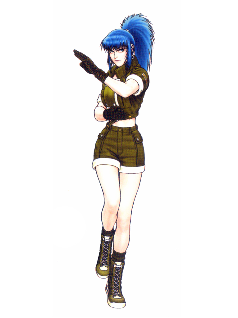 1girl, 90s, bangs, blue_eyes, blue_hair, boots, clenched_hand, closed_mouth