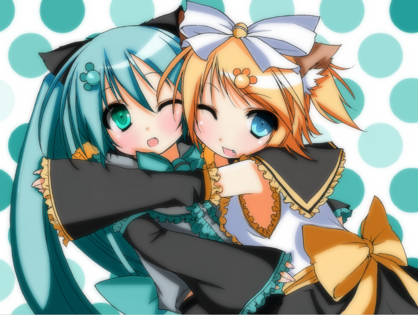 animal_ears, aqua_hair, blonde_hair, blue_eyes, blush, bow, cat_ears, colored