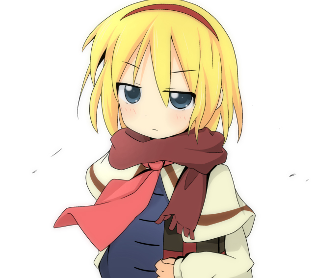 alice_margatroid, blonde_hair, blue_eyes, book, bust, capelet, flat_gaze, hairband