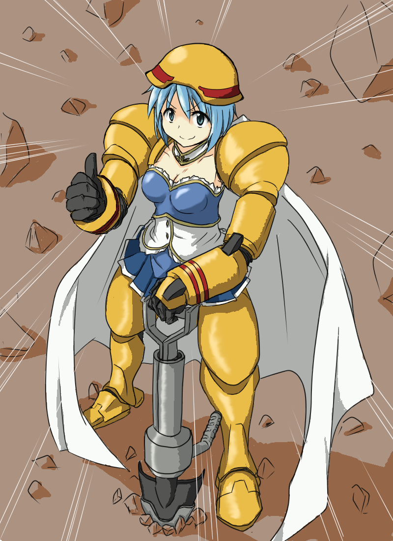 blue_eyes, blue_hair, breasts, cape, cleavage, desperado_(gundam_age), emphasis_lines, from_above