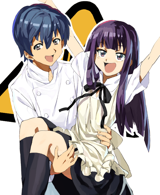 apron, blue_eyes, blue_hair, carrying, chef, doraiga-rei, long_hair, princess_carry