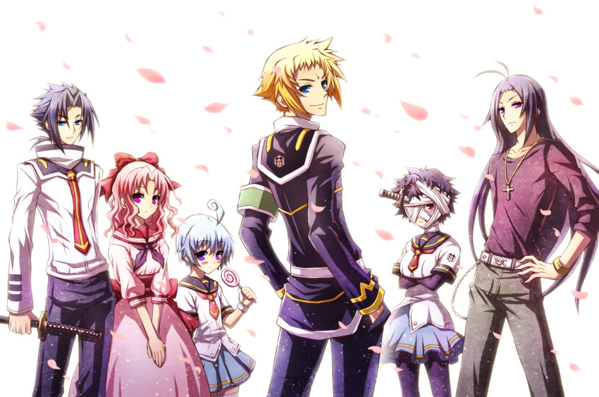 bandage, bandages, black_hair, blonde_hair, blue_eyes, blue_hair, emukae_mukae, hitoyoshi_zenkichi, kurokami_kujira, kurokami_maguro, long_hair, medaka_box, munakata-kei, munakata_kei, naze_youka, pink_eyes, pink_hair, purple_eyes, purple_hair, red_eyes, school_uniform, shiranui_hansode, skirt, soritari, sword, violet_eyes, weapon