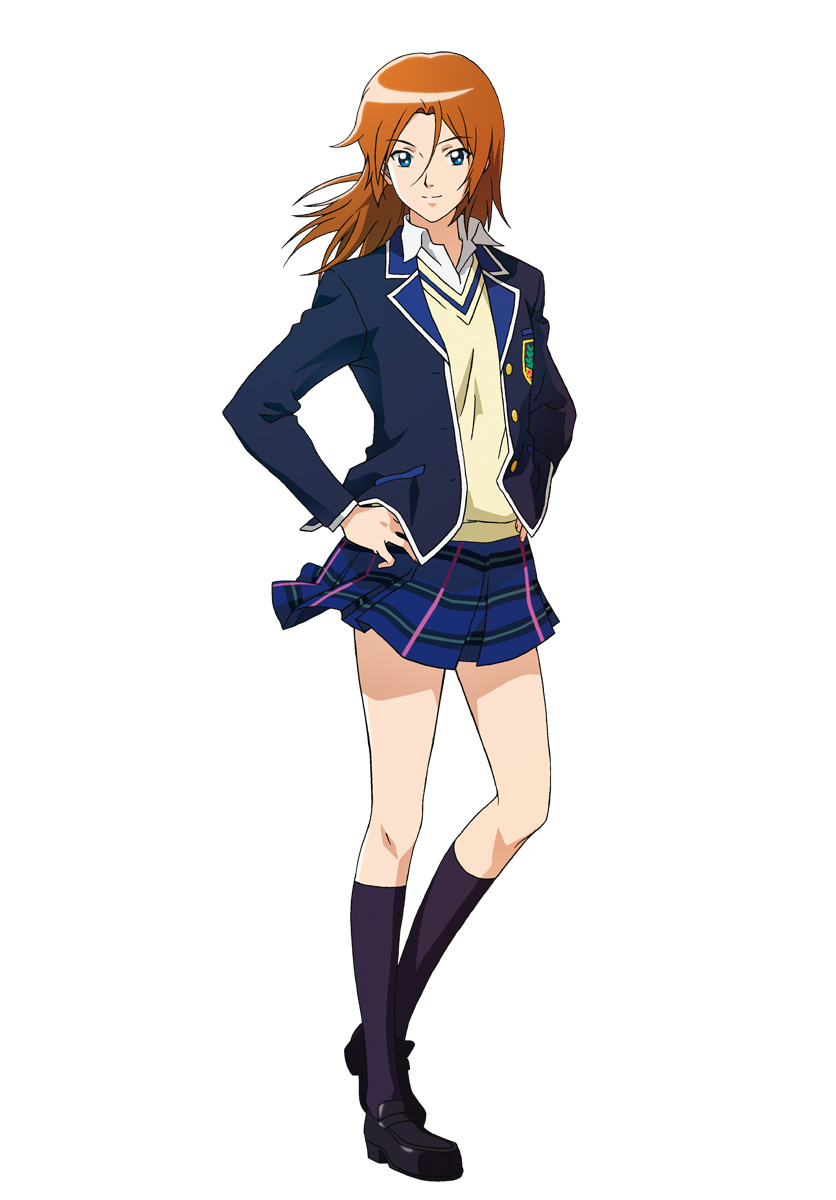 blazer, blue_eyes, hands_on_hips, highres, kneehighs, konami, long_hair, official_art