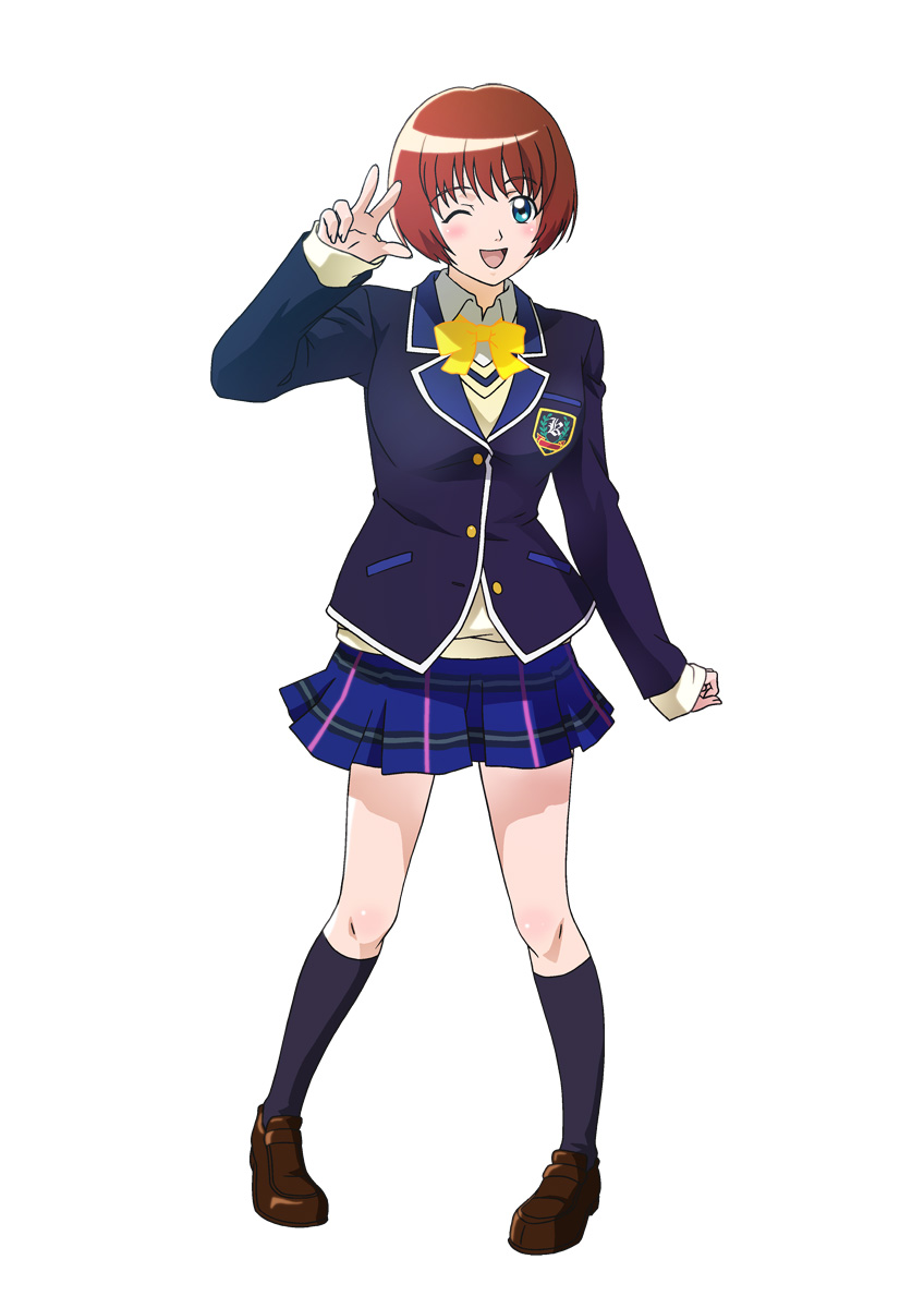 blue_eyes, blush, bowtie, highres, kneehighs, konami, official_art, red_hair