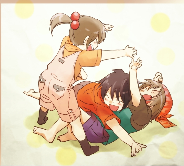 2boys, bad_id, bandana, barefoot, brown_hair, child, closed_eyes, eyes_closed