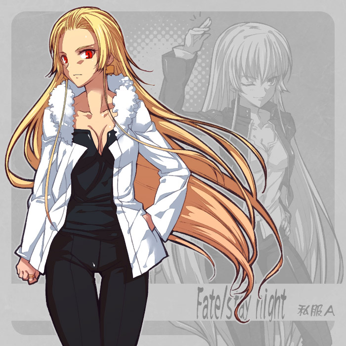 arai_kuma, blonde_hair, breasts, cleavage, dual_persona, earrings, fate/stay_night, fate_(series)