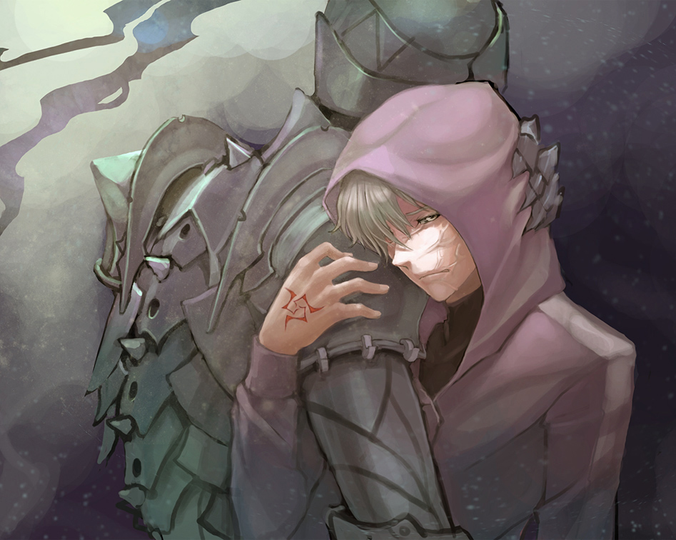 armor, berserker_(fate/zero), command_spell, fate/stay_night, fate/zero, fate_(series), full_armor, grey_eyes, grey_hair, helmet, hoodie, male, matou_kariya, multiple_boys, shou_j, white_hair
