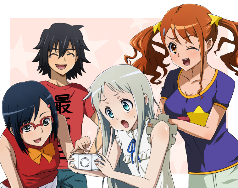 3girls, anjou_naruko, ano_hi_mita_hana_no_namae_wo_bokutachi_wa_mada_shiranai, casual, glasses, honma_meiko, masaki_kazusa, multiple_girls