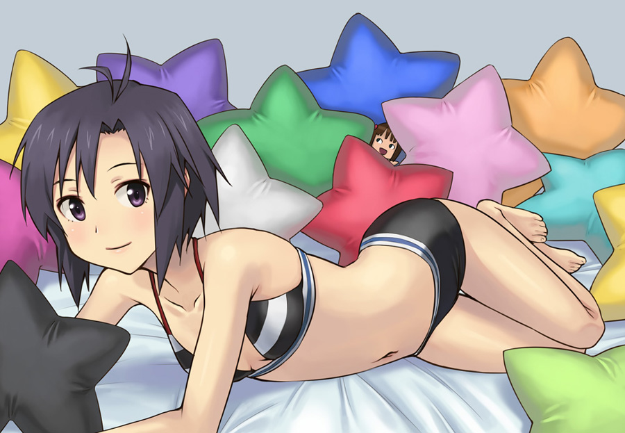 ahoge, amami_haruka, antenna_hair, bare_legs, bare_shoulders, barefoot, bikini, bikini_shorts