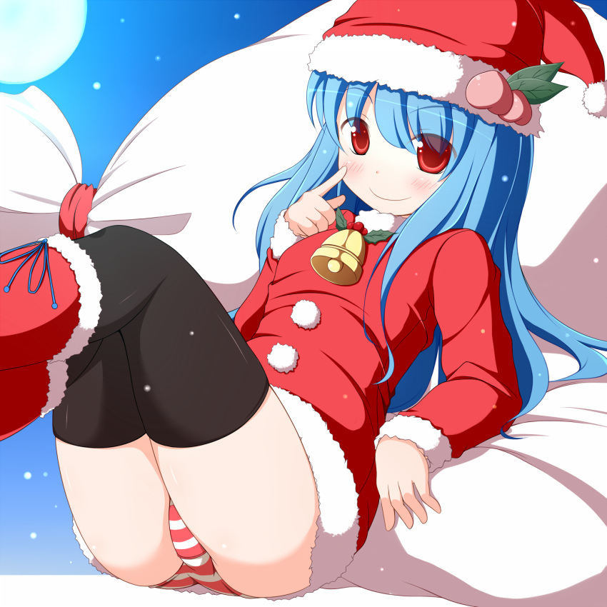 alternate_costume, ass, bag, bell, black_legwear, blue_eyes, blush, christmas
