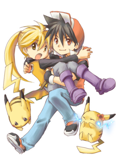 1boy, 1girl, chuchu_(pokemon), electricity, hat, lowres, pika_(pokemon), pikachu