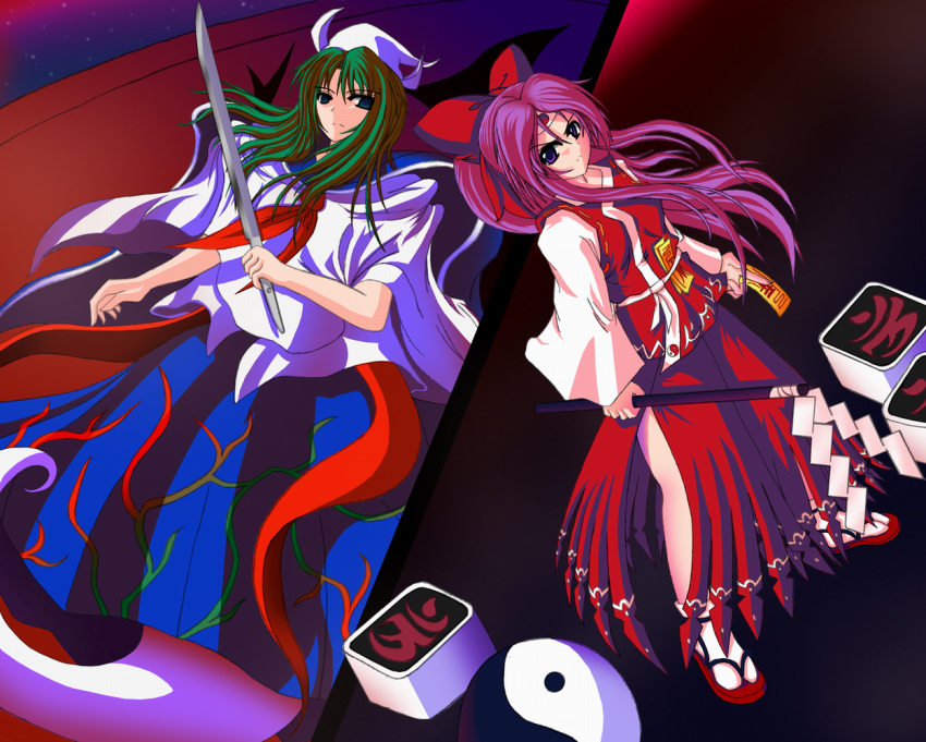 empty_eyes, gohei, green_hair, hakurei_reimu, hakurei_reimu_(pc-98), headband, long_hair, mima