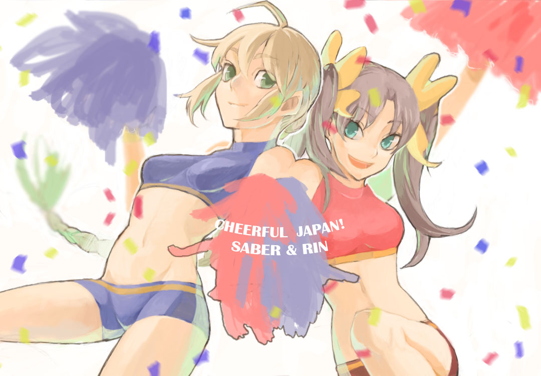 blonde_hair, blue_eyes, brown_hair, character_name, cheerleader, confetti, fate/stay_night, fate_(series), female, green_eyes, hair_ribbon, long_hair, midriff, multiple_girls, pom_poms, ribbon, saber, shorts, tohsaka_rin, toosaka_rin, tubetop, twintails, yukiko_(haikara)