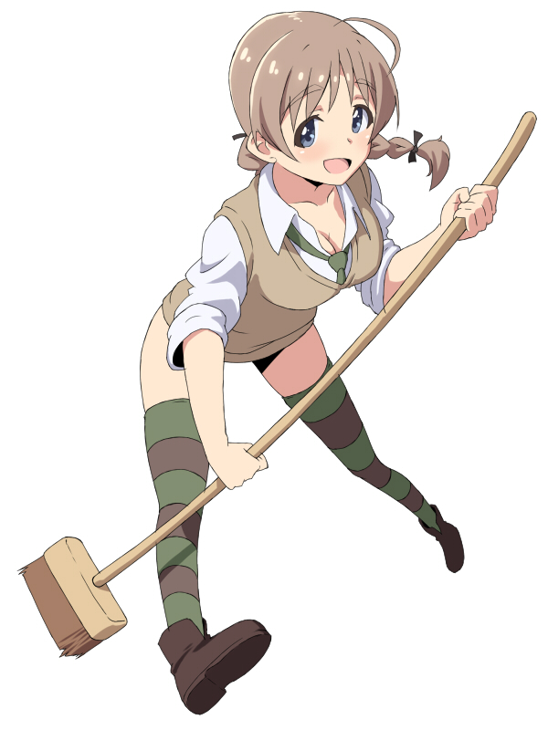 braid, broom, brown_hair, komakedara, lynette_bishop, necktie, no_pants, single_braid