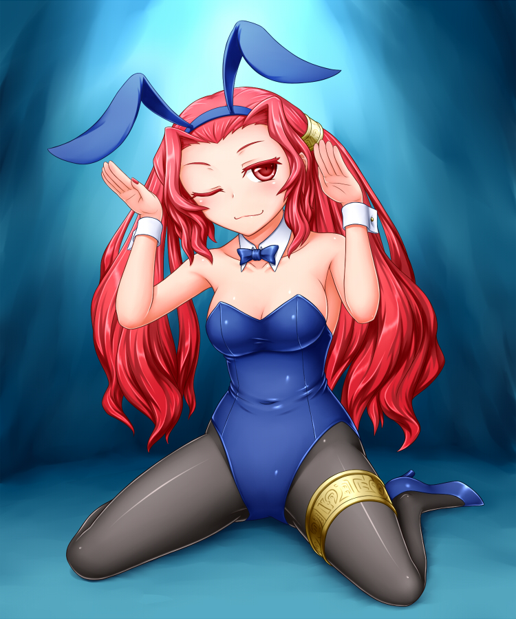 animal_ears, bowtie, bunny_ears, bunnysuit, detached_collar, gishki_emilia, legband, long_hair