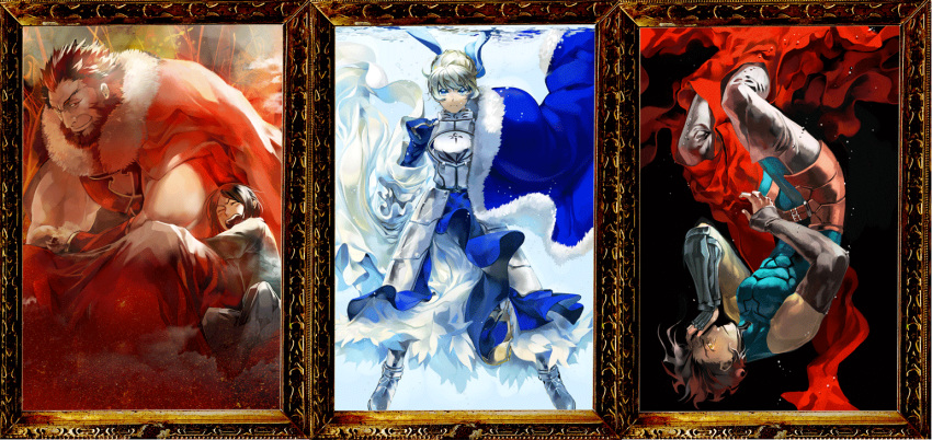 3boys, armor, armored_dress, beard, blonde_hair, blue, cape, cloth