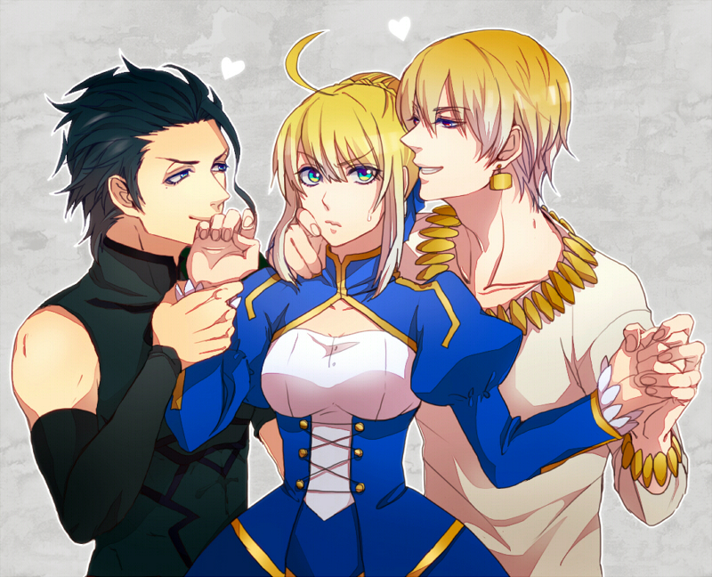 2boys, ahoge, black_hair, blonde_hair, blue_eyes, bracelet, dress, earrings, fate/stay_night, fate/zero, fate_(series), gilgamesh, green_eyes, hair_ribbon, hand_holding, hand_kiss, heart, holding_hands, jewelry, juliet_sleeves, kiss, lancer_(fate/zero), long_sleeves, miri1120, multiple_boys, necklace, puffy_shoulders_long_sleeves, puffy_sleeves, red_eyes, ribbon, saber, short_hair, sweatdrop, wavy_mouth