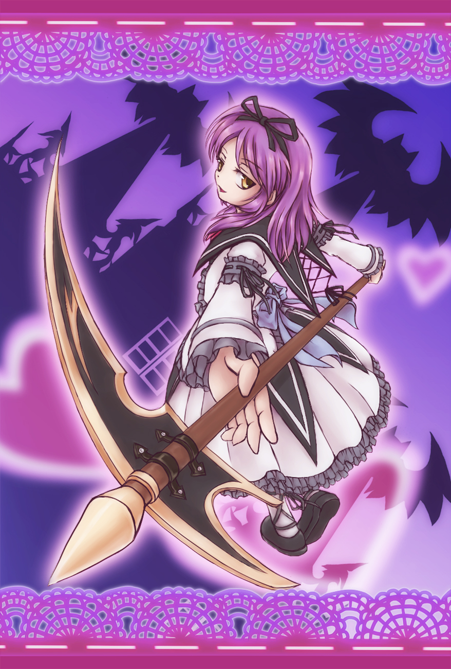 1girl, dress, falcom, gothic_lolita, highres, hiiran, lolita_fashion, looking_back, purple, purple_background, purple_hair, renne, scythe, shoes, short_hair, smile, solo, sora_no_kiseki, white_dress, yellow_eyes