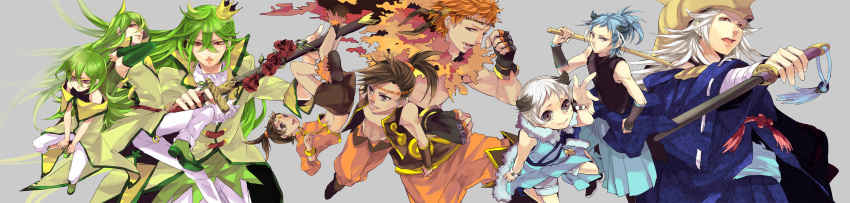 6+boys, absurdres, blue_hair, crown, dewott, emboar, green_hair, grey_eyes