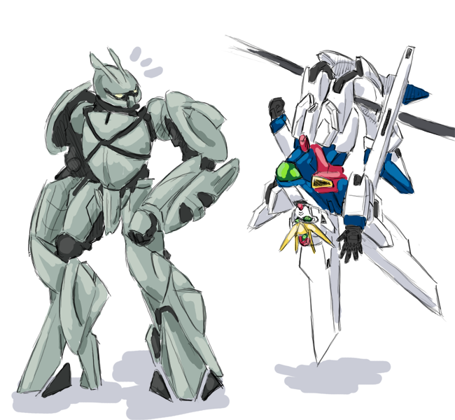 after_war_gundam_x, down, gundam, gundam_x, mecha, no_humans, pole, pun, turn_a_gundam, turn_x, turn_x_gundam, upside, upside-down