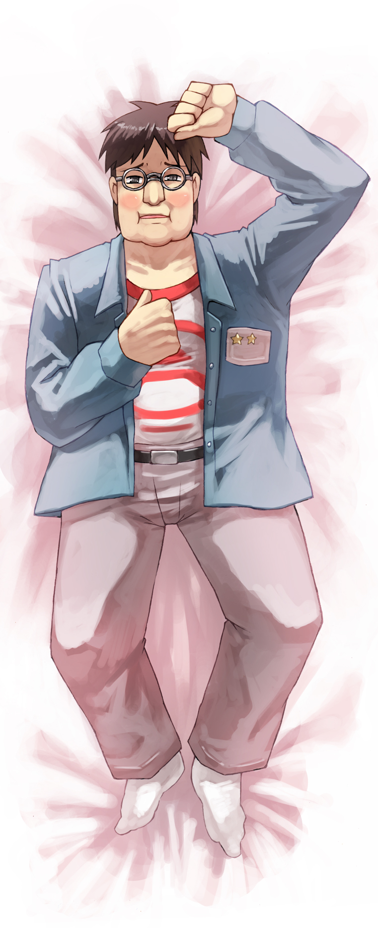 ando_mamoru, belt, blazer, blush, brown_hair, dakimakura, fat, glasses