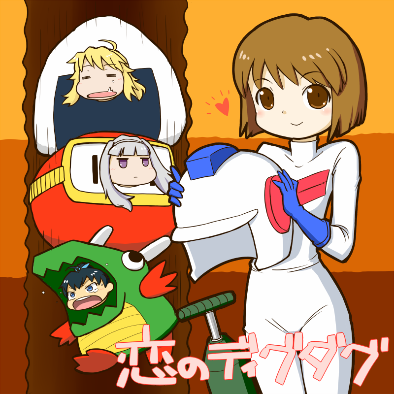 4girls, blonde_hair, brown_hair, cosplay, dig_dug, frygar, ganaha_hibiki, hagiwara_yukiho