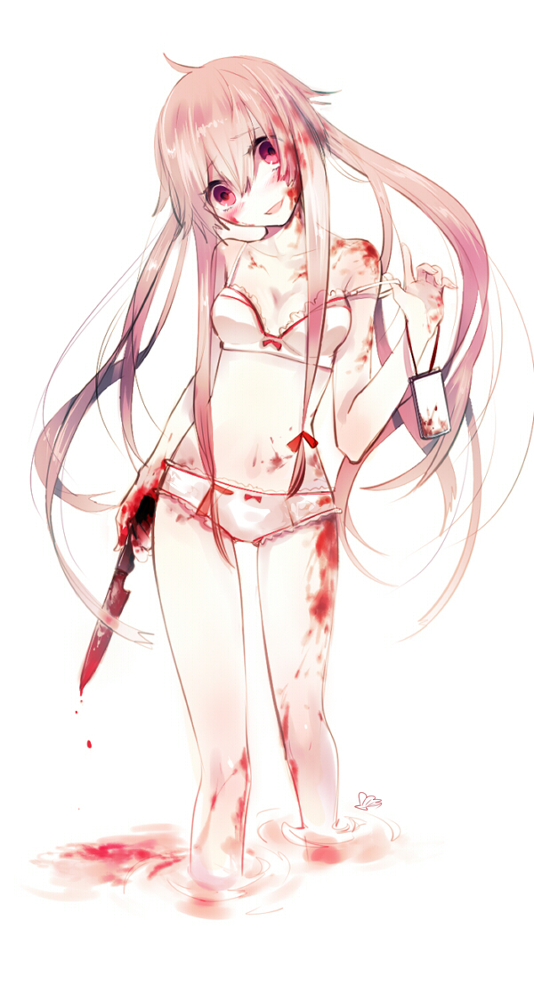blood, bra, gasai_yuno, head_tilt, knife, lingerie, long_hair, mirai_nikki, panties, purple_eyes, shell_(pixiv), smile, solo, underwear, underwear_only, violet_eyes, yandere