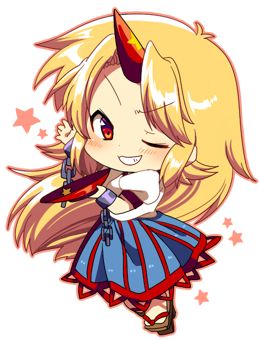 bad_id, blonde_hair, blush, chains, chibi, geta, horn, hoshiguma_yuugi, long_hair, matatabi_maru, red_eyes, sakazuki, sake_dish, shackle, solo, star, touhou, wink