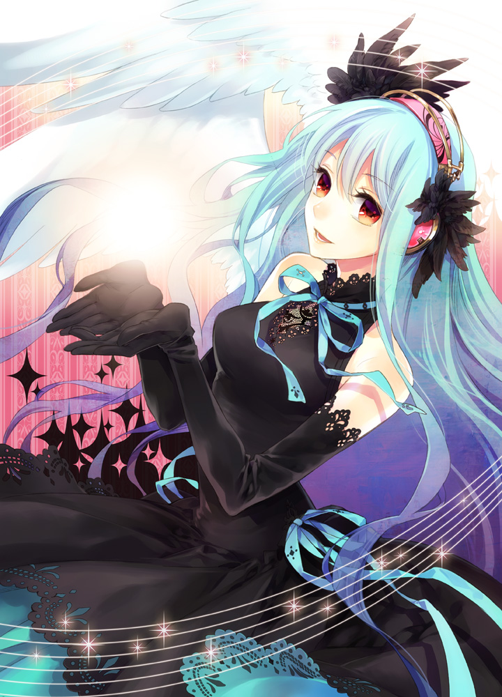 angel_wings, aqua_hair, ashi, bare_shoulders, black_dress, black_gloves, blue_hair, cupping_hands