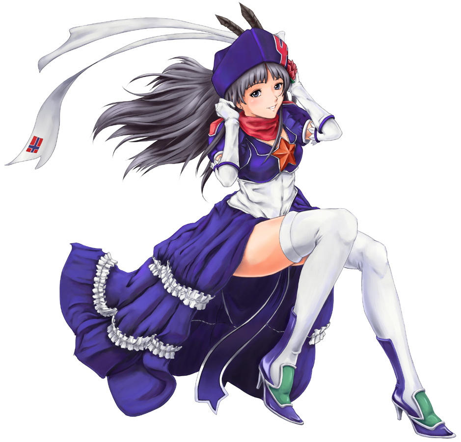 1girl, blue_eyes, dress, elbow_gloves, feathers, flag, flower, gloves