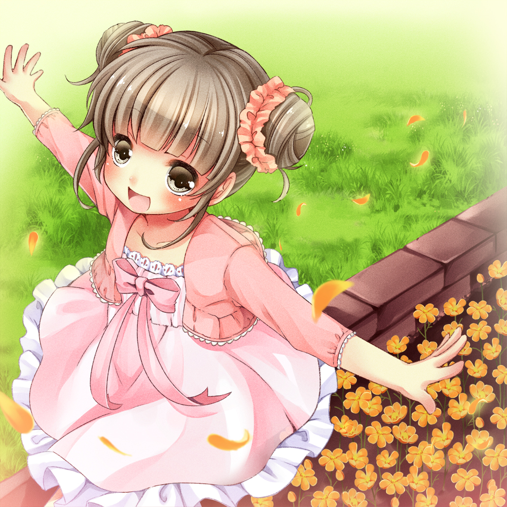 :d, bow, brick, child, double_bun, dress, flower, frills