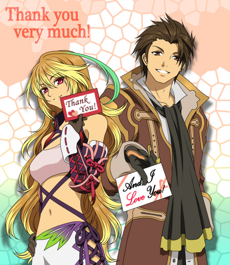 1boy, 1girl, ahoge, alvin_(tales_of_xillia), aqua_hair, blonde_hair, brown_eyes, brown_hair