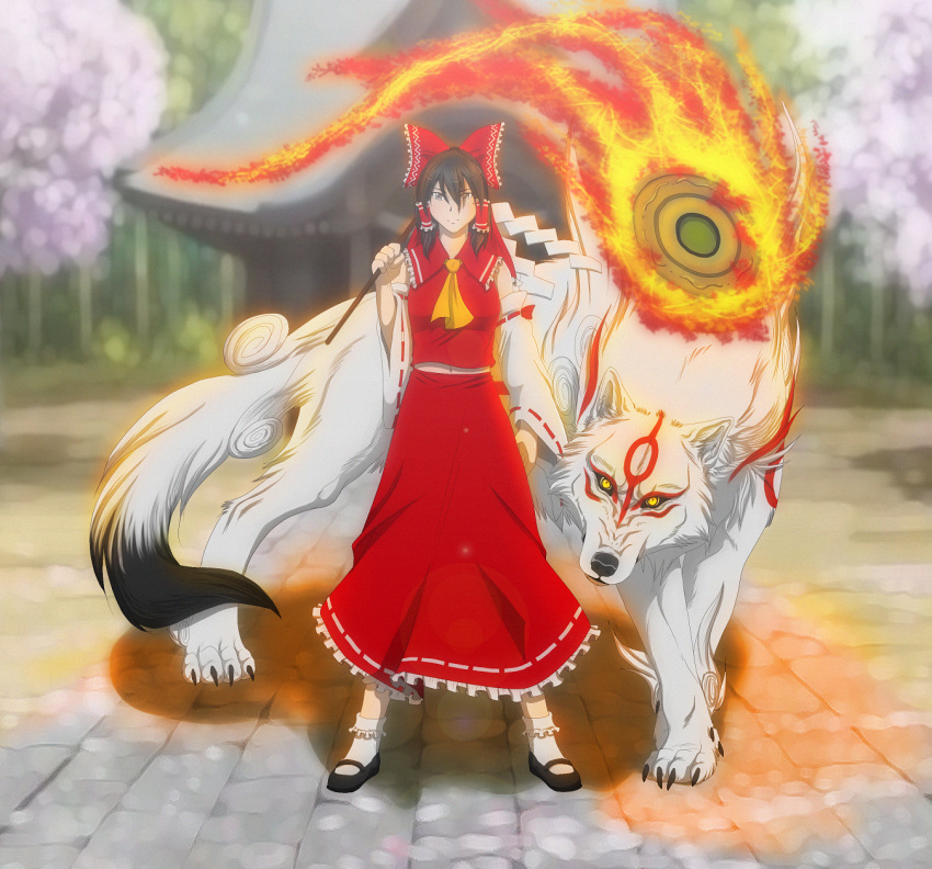 amaterasu, anime_coloring, black_hair, blurry, brown_eyes, capcom, crossover, depth_of_field, facial_mark, fire, forsaken-arts, gohei, hair_tubes, hakurei_reimu, highres, japanese_clothes, miko, okami, ookami_(game), ribbon, solo, touhou, wolf, yellow_eyes