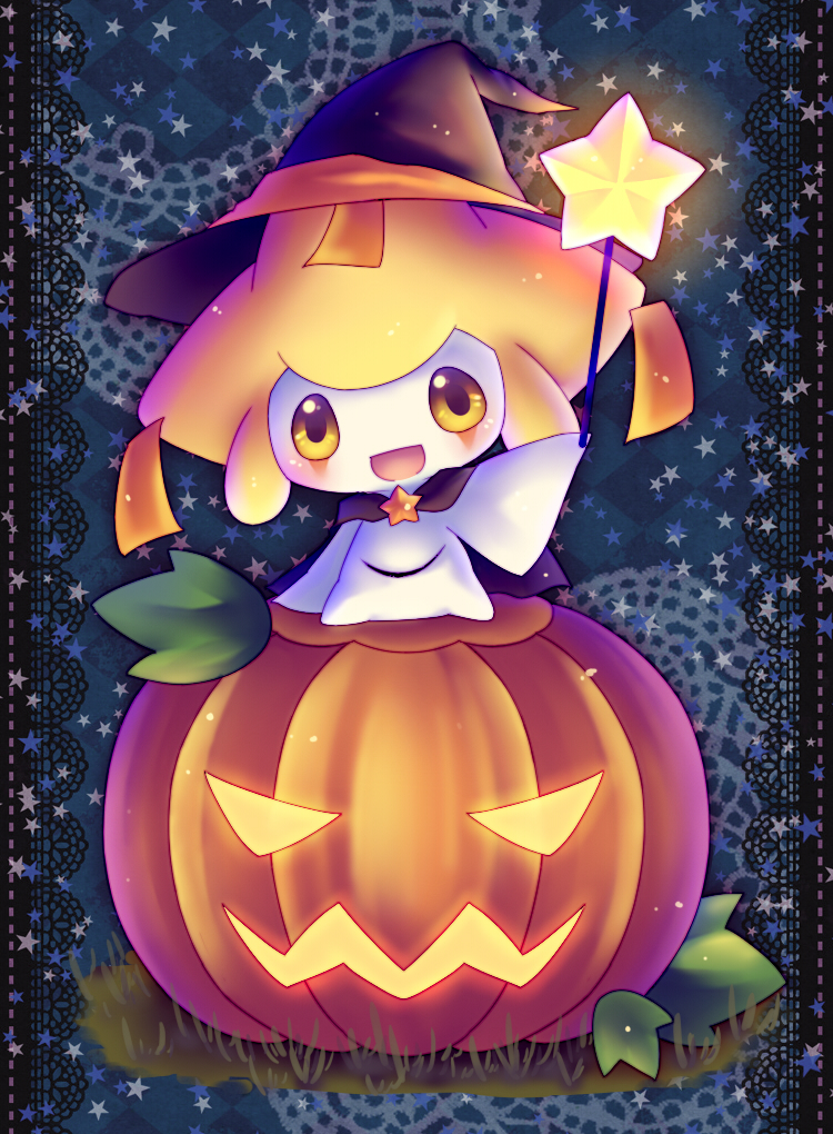 cape, clothed_pokemon, halloween, hat, jack-o'-lantern, jack-o'-lantern, jirachi, minato0618, no_humans, open_mouth, pokemon, pumpkin, smile, solo, star, third_eye, wand, witch_hat, yellow_eyes