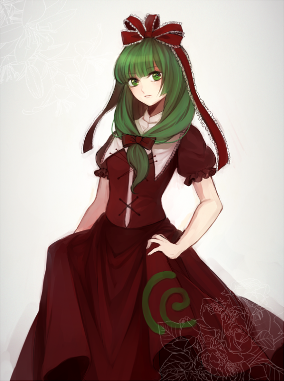 bad_id, bow, dress, frills, front_ponytail, green_eyes, green_hair, hair_ornament