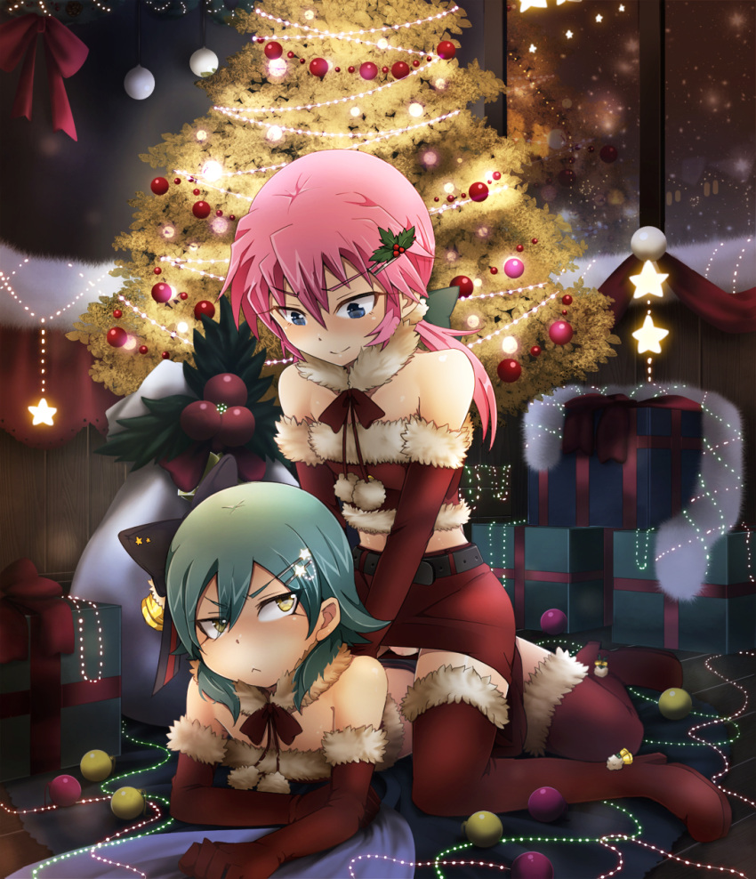 bad_id, bare_shoulders, belt, blue_eyes, blue_hair, blush, boots, bow