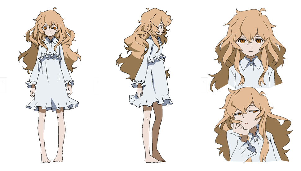 artist_request, bare_legs, barefoot, black_rock_shooter, blonde_hair, character_sheet, frown, izuriha_kagari