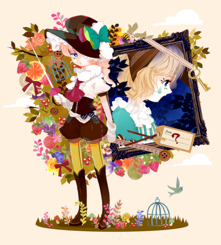 bad_id, blonde_hair, blue_eyes, boots, bow, gloves, hair_over_one_eye, hat